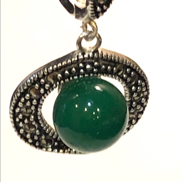 Jade & Marcasite 925 Silver Earrings - Picture 4 of 5